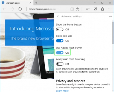 Flash player yang ada di Microsoft Edge di Windows 10