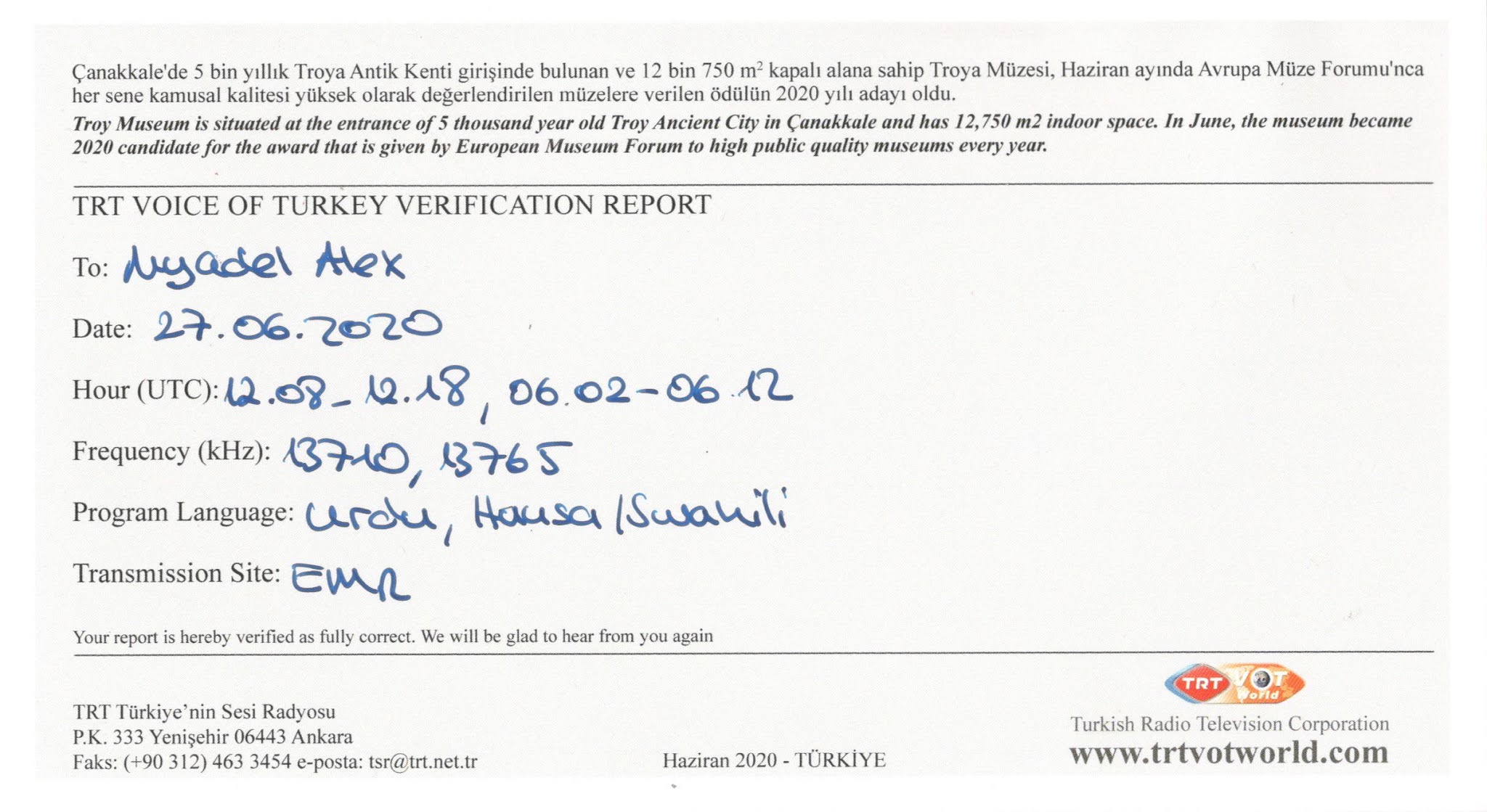 SHORTWAVE BLOG FROM BELARUS: QSL Voice of Turkey SHORTWAVE BLOG FROM BELARUS: QSL Voice of Turkey