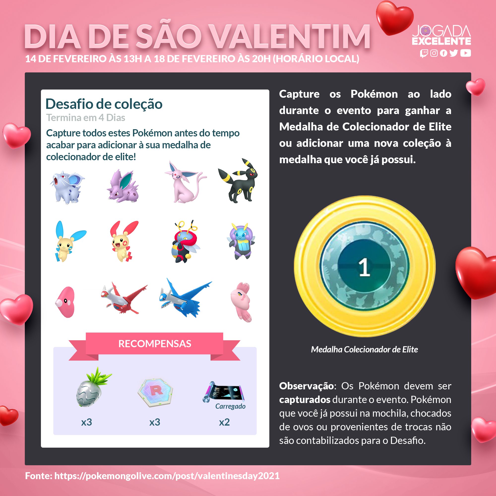 Dia de São Valentim: Raids, estudos de campo Pokemon Go lança evento  para os amantes 