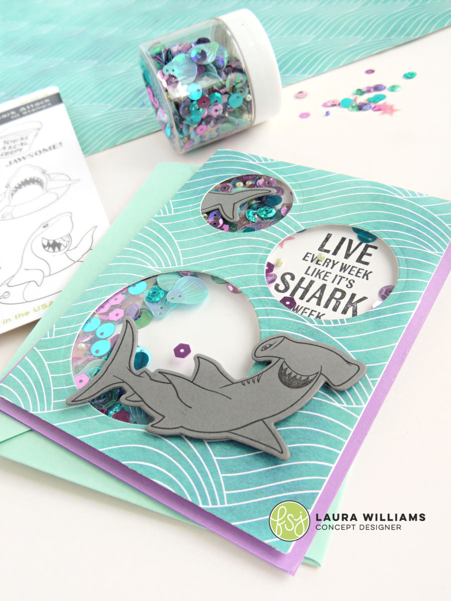 Make a shaker card with three circles for an under the sea shark handmade card with FSJ Shark Attack Stamp Set #handmadecards #shakercards #funstampersjourney