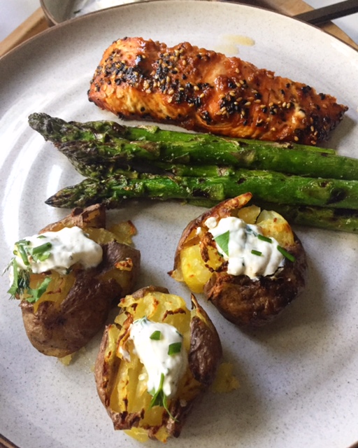 Crispy Smashed Potatoes w/ Herbed Yogurt