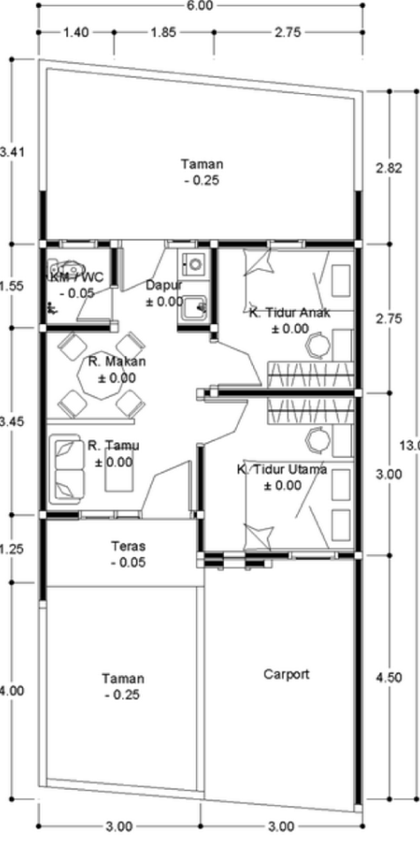 Contoh Denah rumah minimalis type 36 dengan 2 kamar tidur - Gambar 