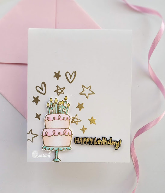 guest designing, Jane's Doodles, heat embossing, Birthday card, Cake Card, Quillish, Birthday card for a girl, gold embossed card, clean and simple card, gold embossing, Janes doodles Cake stamp set