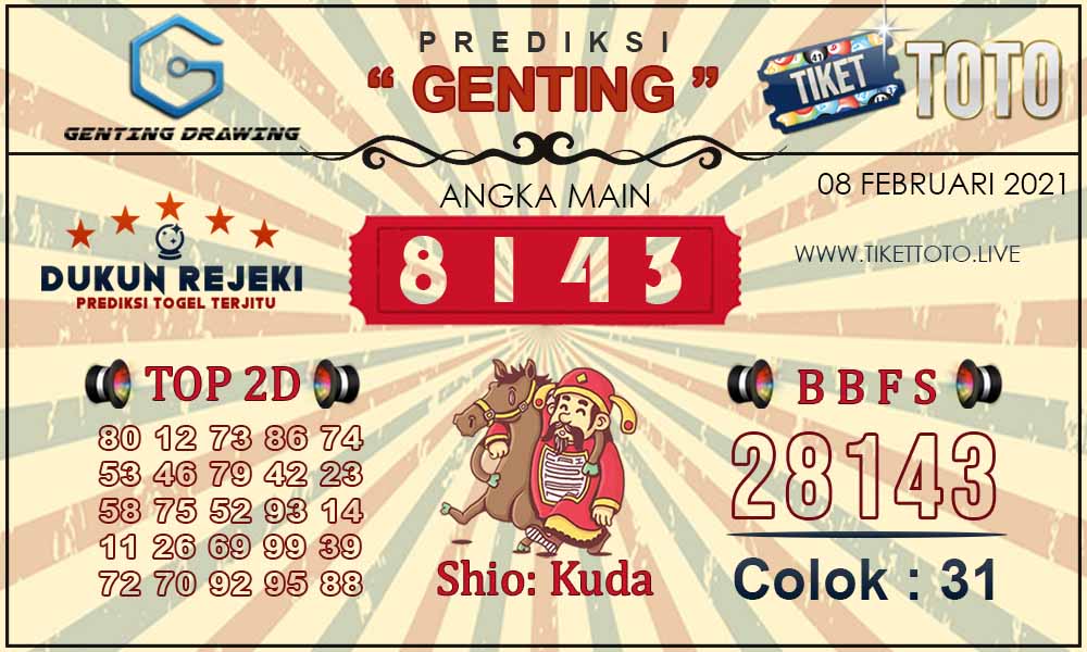 Prediksi Togel GENTING DRAWING TIKETTOTO 08 FEBRUARI 2021