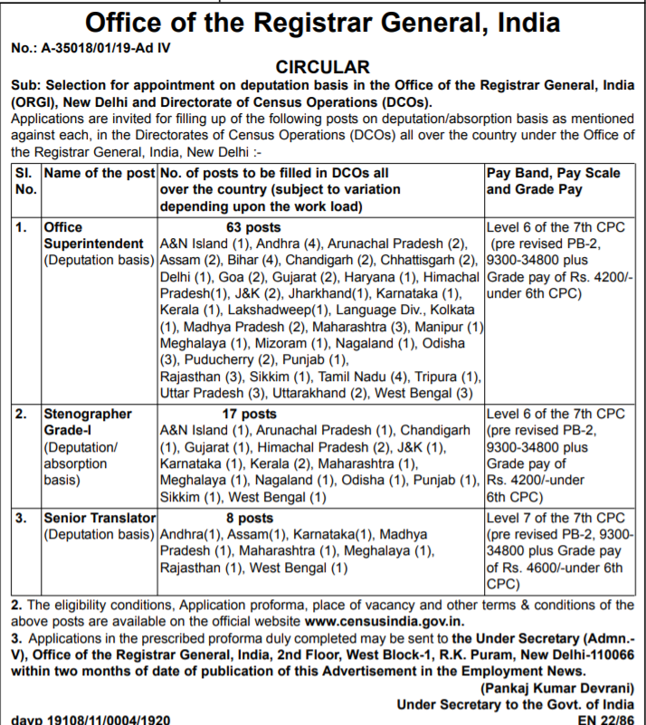 Office of the Registrar General, India Recruitment 2019 Govt Jobs in India for 71 Office Office of the Registrar General, India Recruitment 2019 Govt Jobs in India for 71 Office