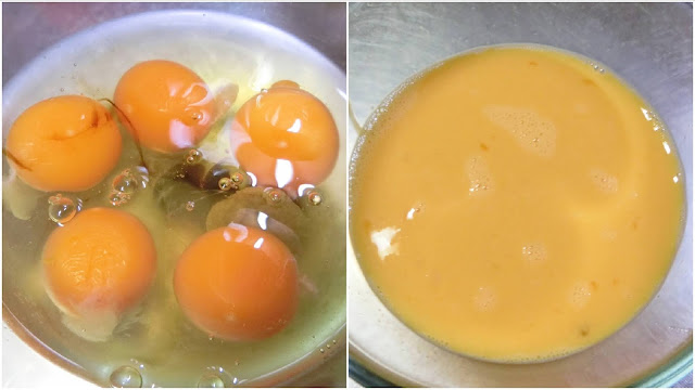 ボウルに卵、しょうゆを入れ、白身を切るようにかき混ぜておきます。 青ネギは小口切りに切って用意しておきます。