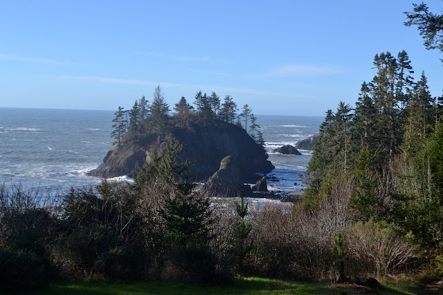 rock island covered in tall pines