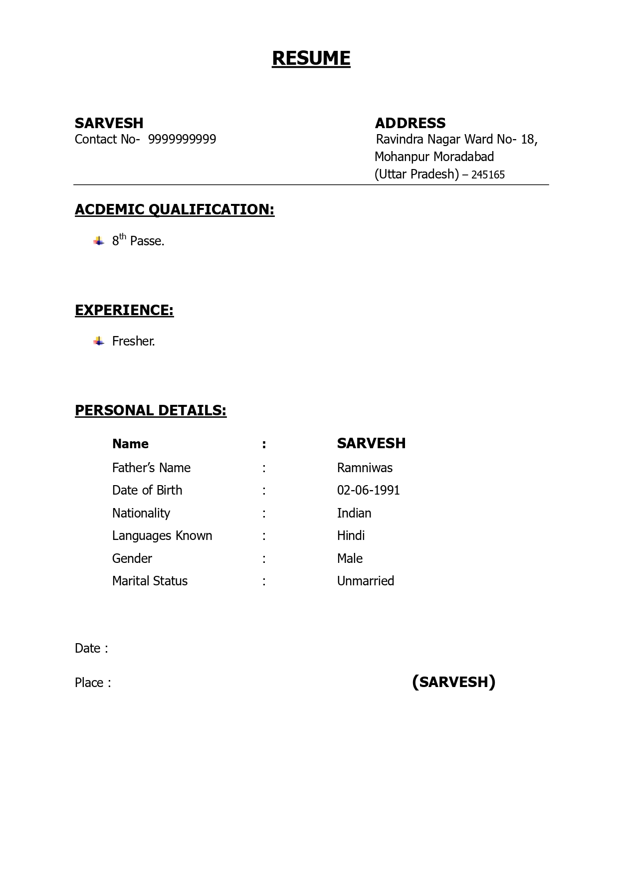 resume format in word free download pdf