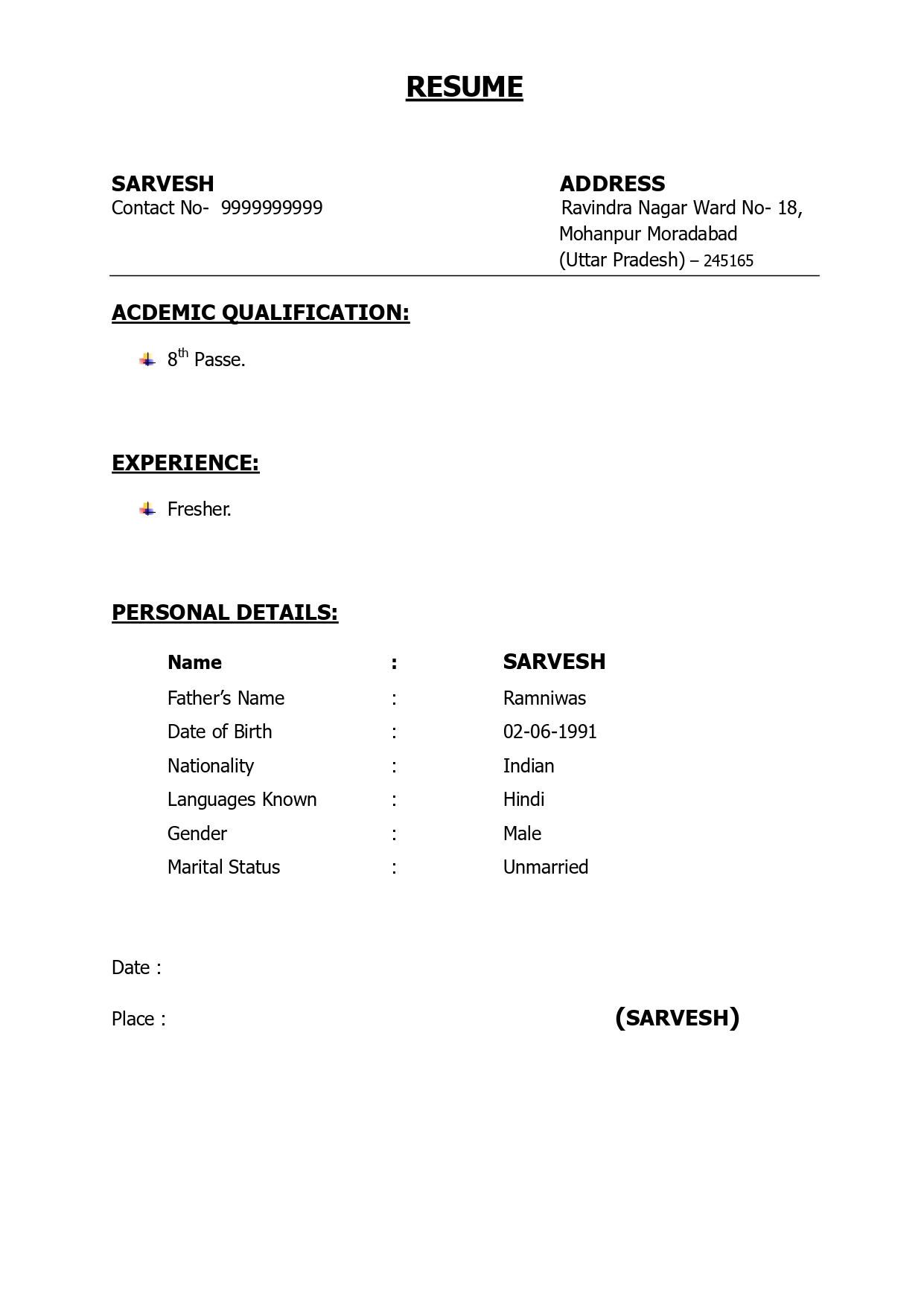 resume format ms word document