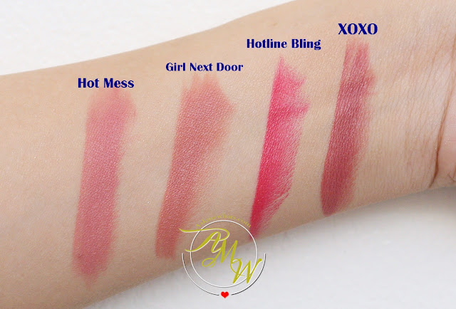 a swatch photo of Pink Sugar Creamy Matte Lipsticks hot mess, girl next door, hotline bling and xoxo