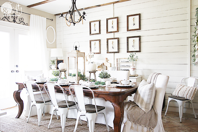 Farmhouse fall decor and decorating ideas. Neutral fall decor. Fall tablescape decor. Neutral fall place settings. White and green fall decor. How to decorate for fall. Decorate with me. Shiplap wall in dining room. Mismatched dining room chairs.