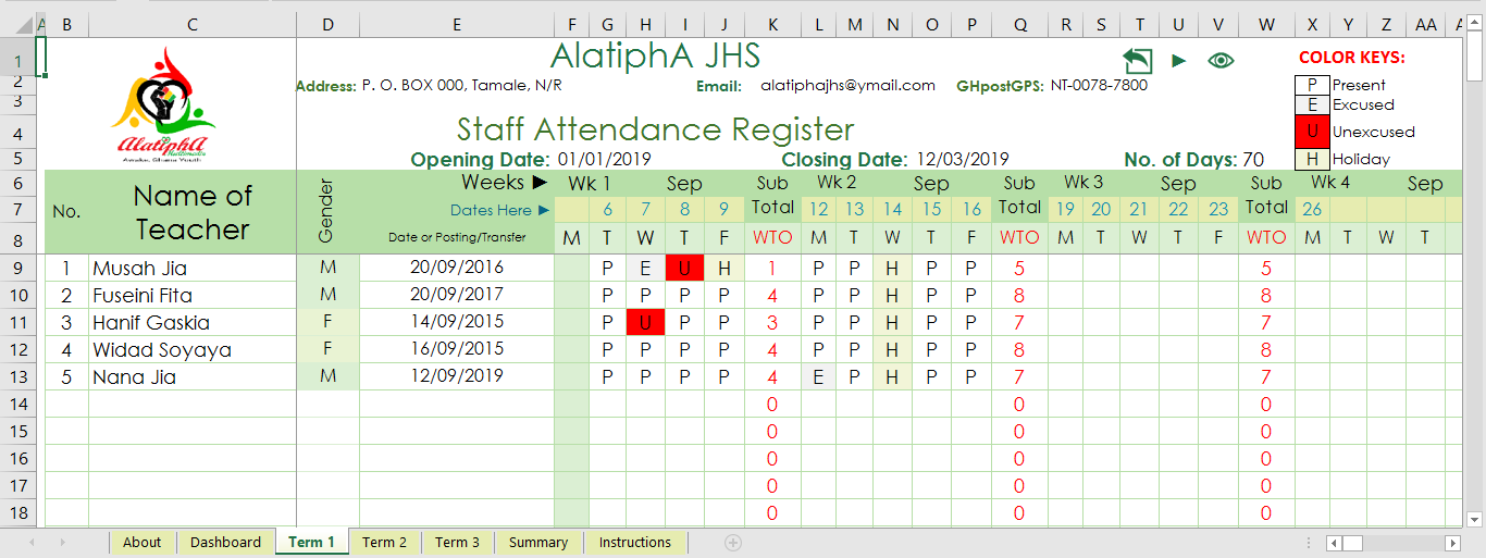 Staffs Attendance Register - Template