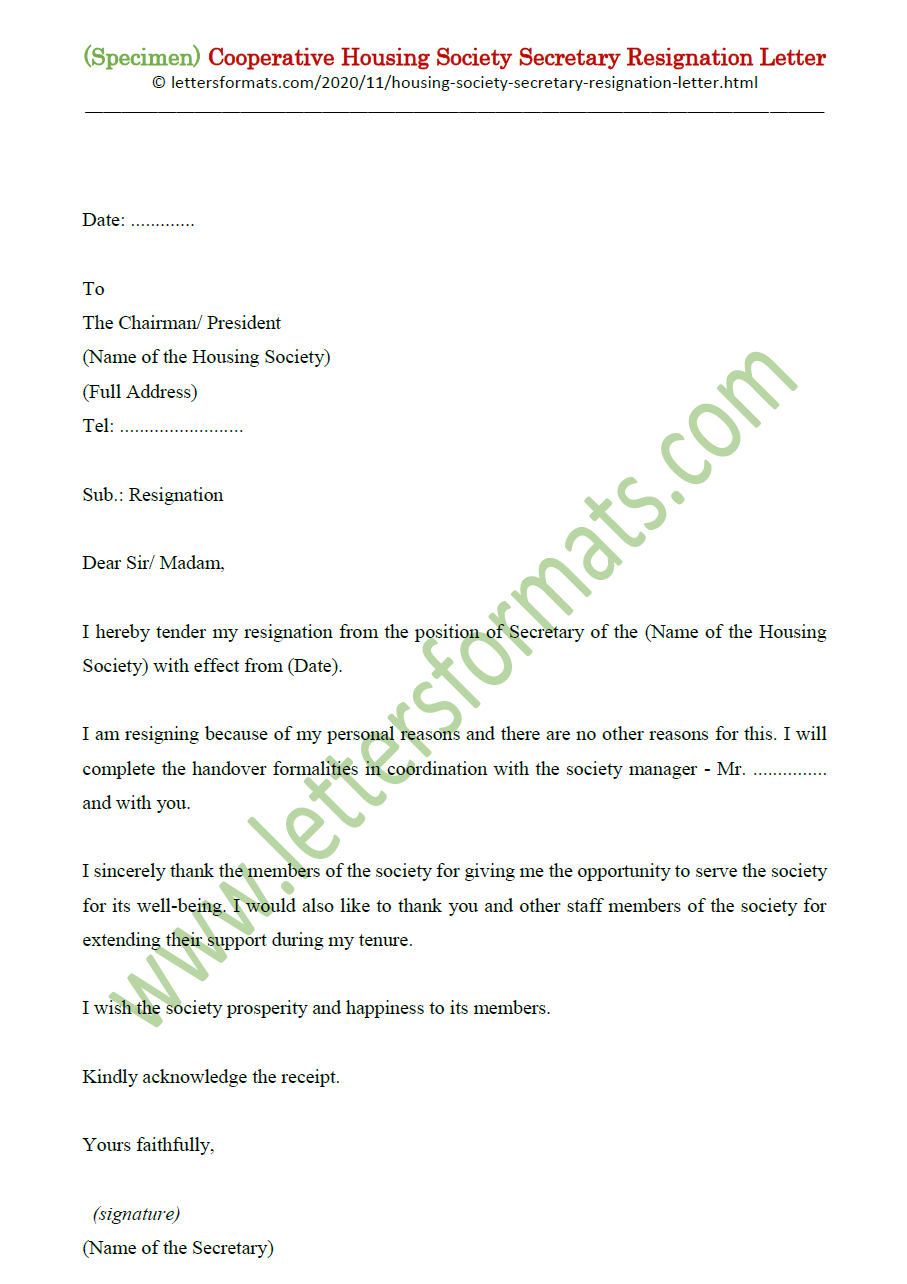 Cooperative Housing Society Secretary Resignation Letter Draft