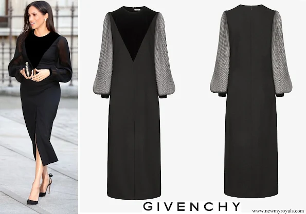 Meghan Markle wore Givenchy Black Velvet Appliquéd Midi Dress