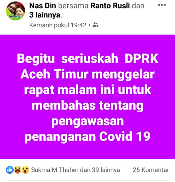 Rapat Dana Covid-19 Tengah Malam, DPRK Aceh Timur Jadi Tanda Tanya Warganet Mei 2, 2020