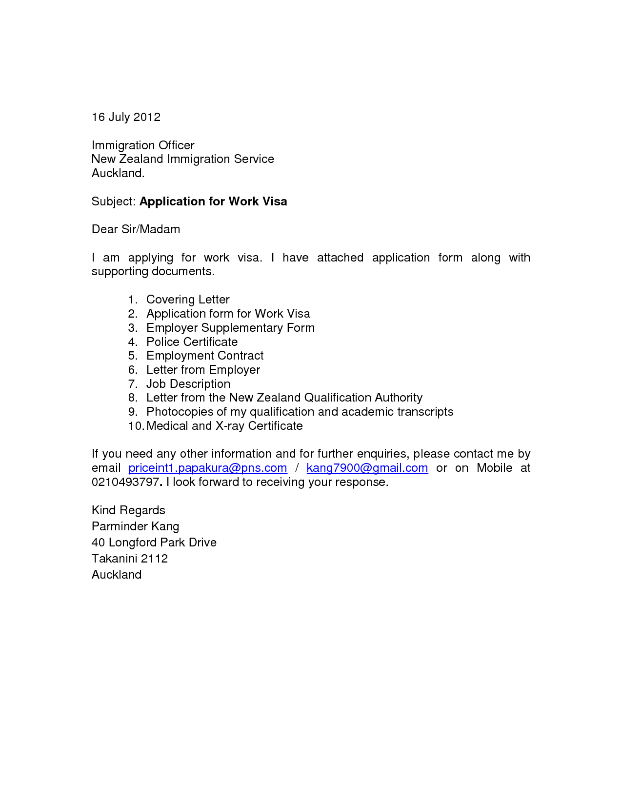 cover letter for work permit visa