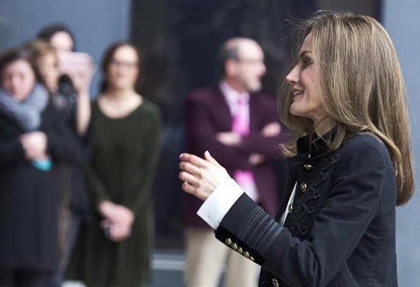 Queen Letizia of Spain attended ordinary meeting of the BBVA Foundation  Advisory Board at BBVA Headquarters. Letizia carried Malababa clutch, Hugo Boss jacket and Magrit pumps