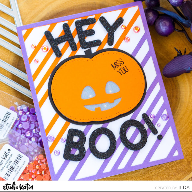 Hey BOO! | Halloween Light Up Interactive Card | Studio Katia Halloween, Light Up, EZ-Light Pack, Interactive Card, miss you, pumpkin,Studio Katia,Chunky Alphabet, Card Making, Stamping, Die Cutting, handmade card, ilovedoingallthingscrafty, Stamps, how to,