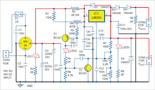 Circuit diagram of the simple power supply with adjustable voltage and current with LM350
