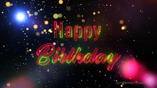 Red Happy Birthday Lettering Neon Light With Abstract Shiny Flare Glitter Bokeh Lights And Sparkles Background Design