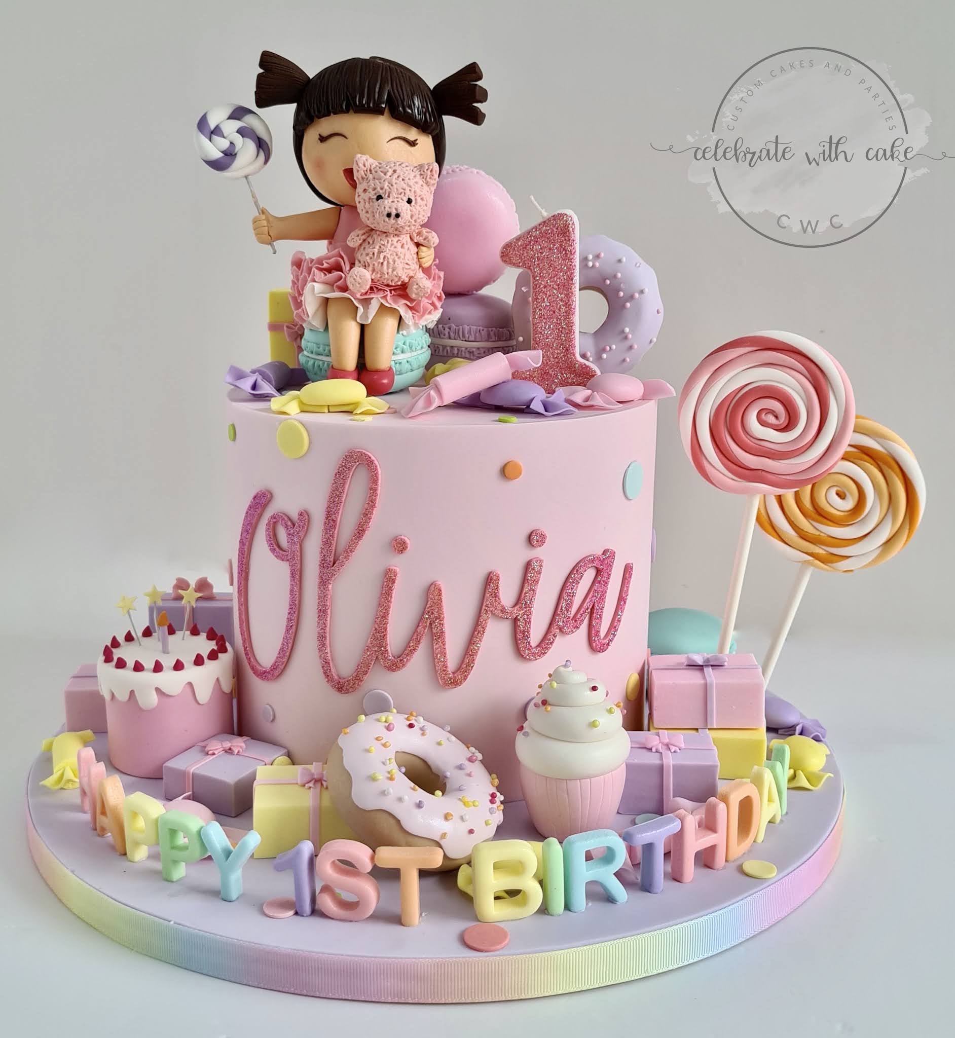 Celebrate with Cake!: Girl with pig plush in Candyland Single Tier 1st