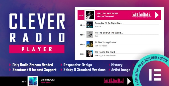 Clever - HTML5 Radio Player With History - Elementor Widget