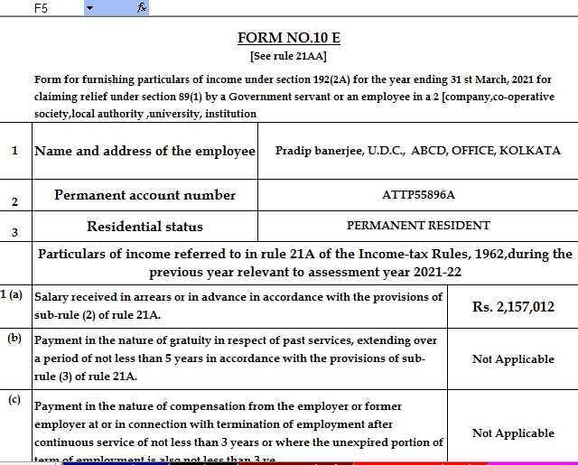 Income Tax Arrears Relief Calculator U/s 89(1) for the F.Y.2020-21