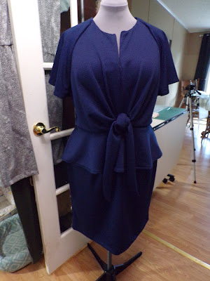 McCall's 7803 Prussian Blue Raglan Sleeve Knot Front Peplum Double Knit Dress www.sewplus.blogspot.com