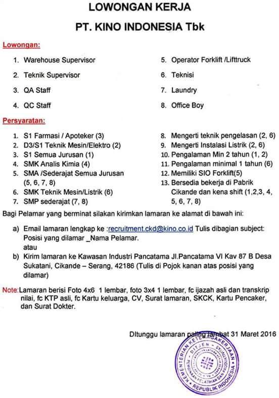 Lowongan Kerja Pt Kino Indonesia Tbk Info Lowongan Terbaru