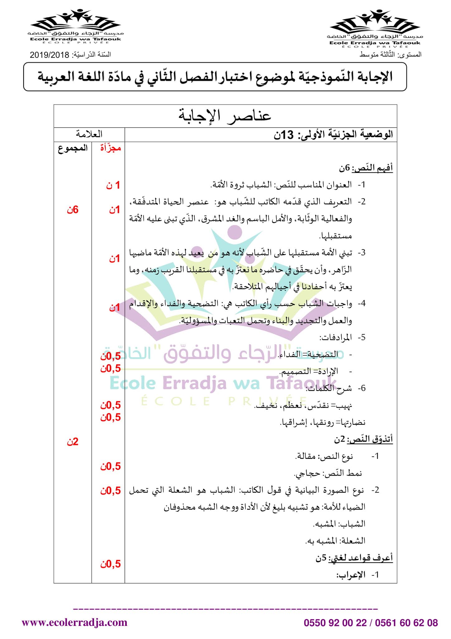 إختبار اللغة العربية الفصل الثاني للسنة الثالثة متوسط - الجيل الثاني نموذج 2