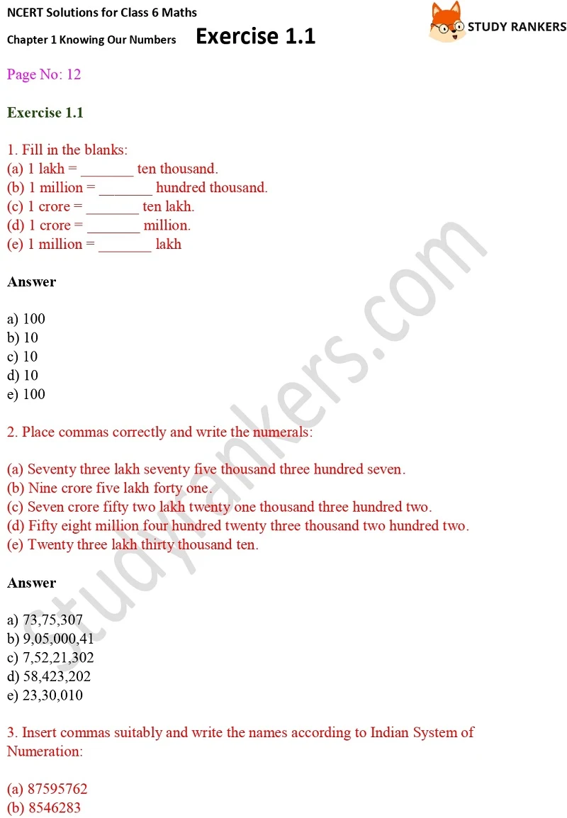 NCERT Solutions for Class 6 Maths Chapter 1 Knowing Our Numbers Exercise 1.1 Part 1
