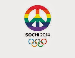 Altered logo from the 2014 Winter Olympic Games in Sochi with rainbow colors and a peace flag