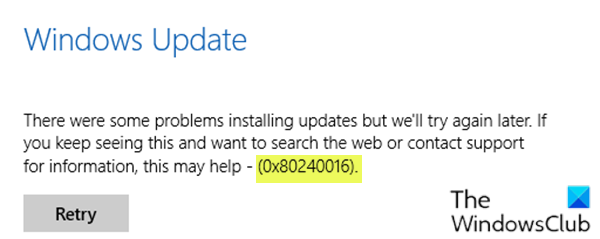 Errore di aggiornamento di Windows 0x80240016