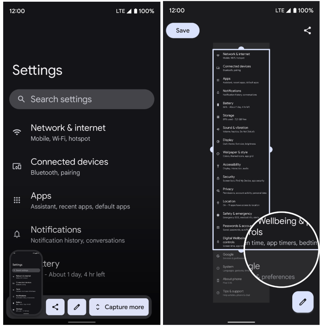 capturing a scrolling screenshot in the Settings app