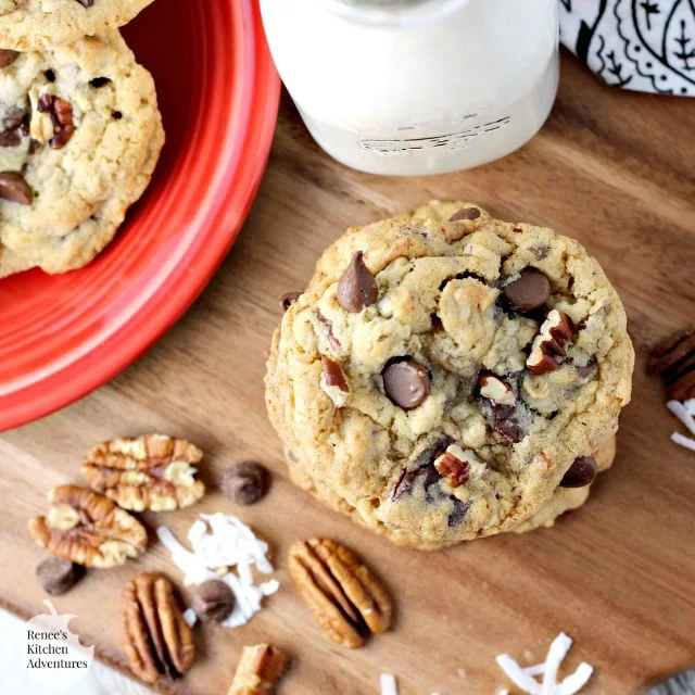 Chewy Cherry Cowboy Cookies | by Renee's Kitchen Adventures - cookie recipe for chewy cookies filled with chocolate, dried cherries, nuts, oats, and coconut! #RKArecipes #cookies