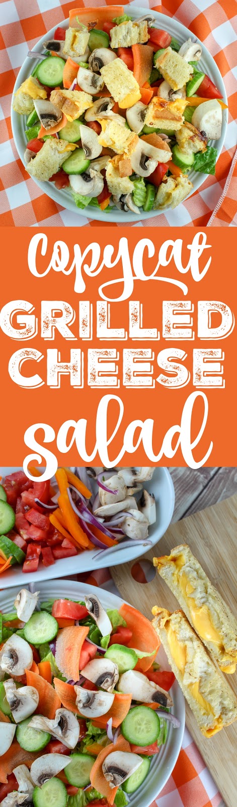 I have loved the Grilled Cheese Salad at Tom + Chee for years and I finally decided to make it myself. It's so simple and delicious! Tom + Chee was seen on Shark Tank a few years back and has become a big chain - and this is one of their best ideas! This takes croutons to the NEXT level! #grilledcheese #salad