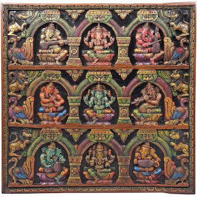 Wood-Carved Panel-Wielding Ganesha Figurines