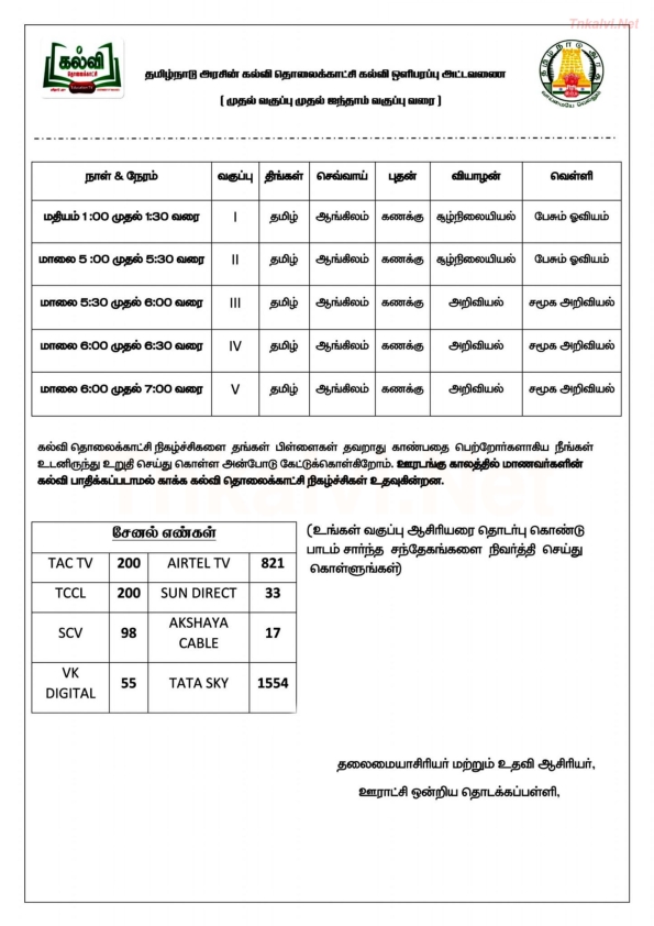 Kalvi TV Records Time Table Schedule For All Classes Pdf Tnkalvi