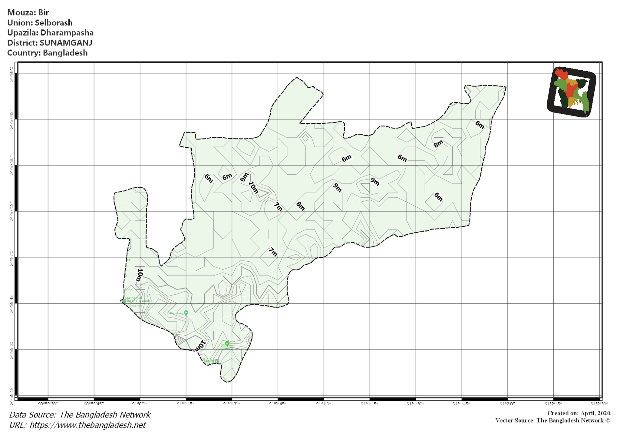 Map of Bir Mouza of Dharampasha Upazila, SUNAMGANJ, Bangladesh.