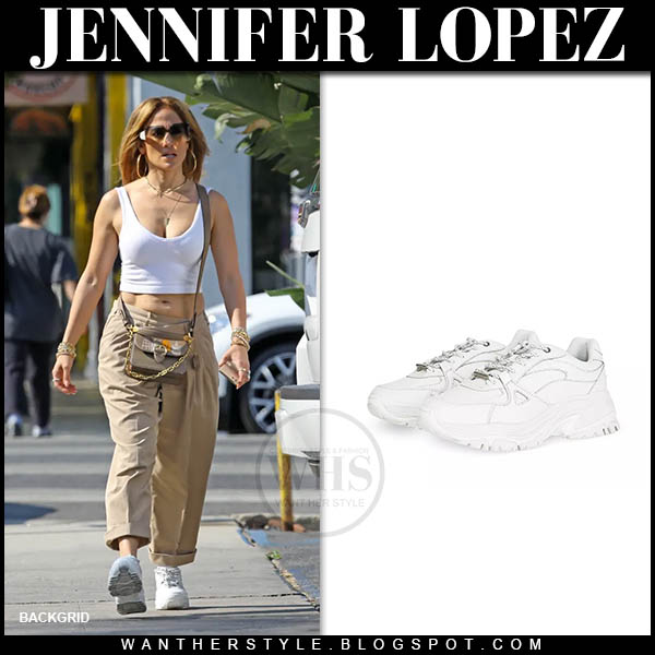 Jennifer Lopez in white crop top, khaki pants sneakers July 13 ~ I want her - What celebrities wore and where to buy it. Celebrity Style