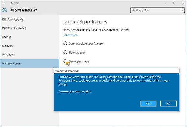 Windows 10에서 개발자 모드 활성화