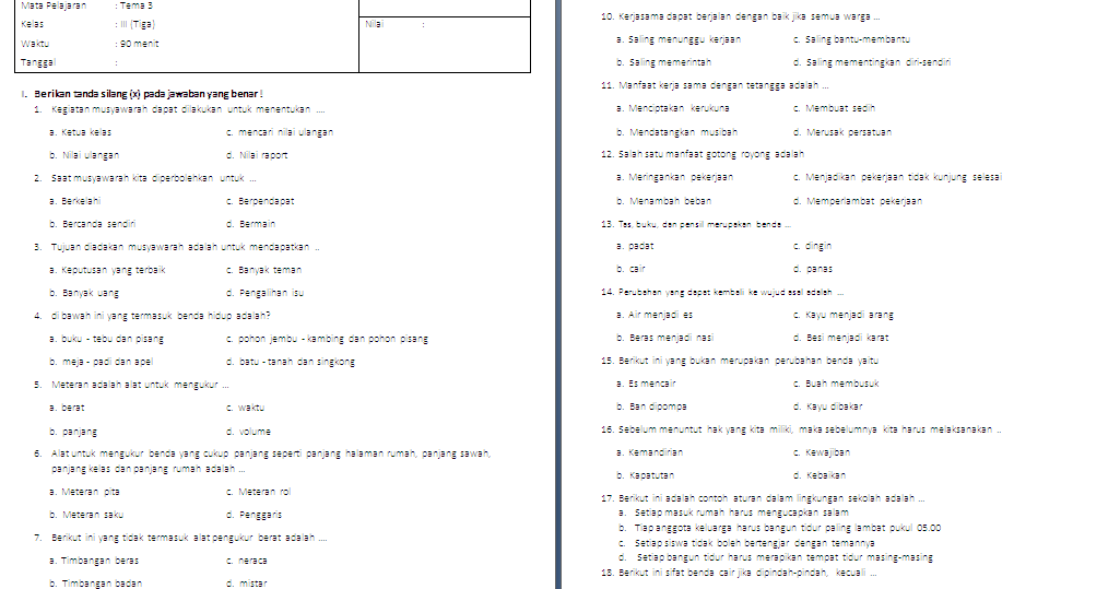 Soal PAS Kelas 3 SD/MI Tema 3