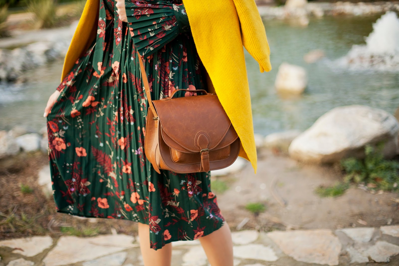 EMERALD FLORAL DRESS AND MUSTARD CARDIGAN | TIE BOW-TIE