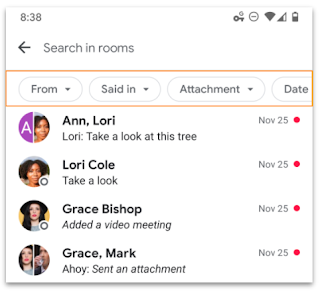 Screenshot showing different "chips" in the Google Chat search interface