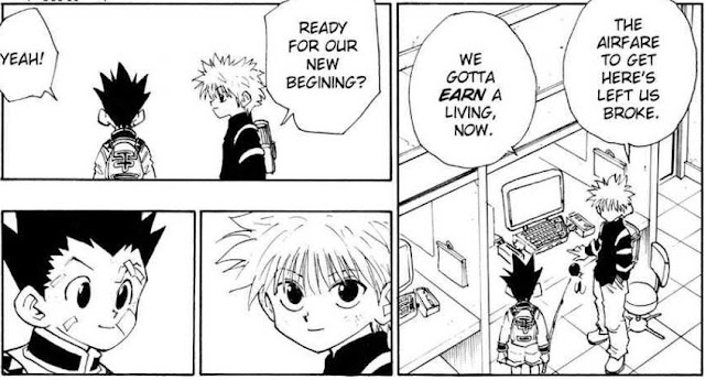 Hunter x Hunter Gon and Killua with random manga panel background