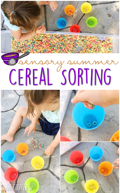 Practice fine motor skills and sorting with this cereal filled sensory bin! This is a perfect activity for summer tot school, preschool, or kindergarten!