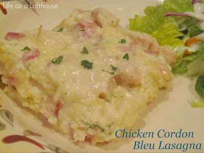 Chicken Cordon Bleu Lasagna is a creamy, rich lasagna filled with 5 different cheeses, ham and chicken. Life-in-the-Lofthouse.com