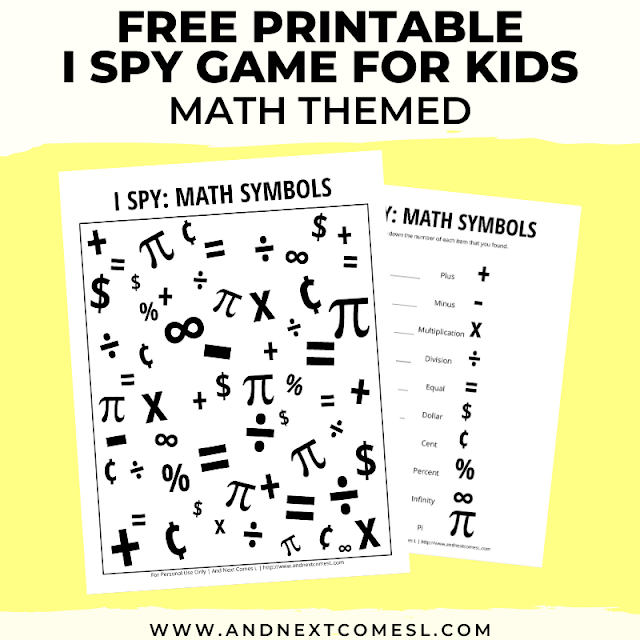 Free I spy game printable for kids: math themed