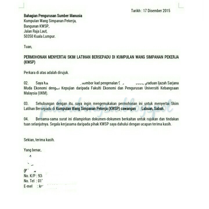 Contoh Surat Permohonan Pengecualian Faedah Kwsp