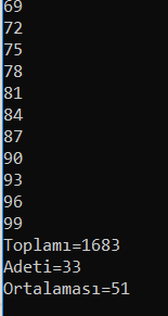 1 100 arasindaki 3 un kati olan sayilarin toplami adeti ortalamasi